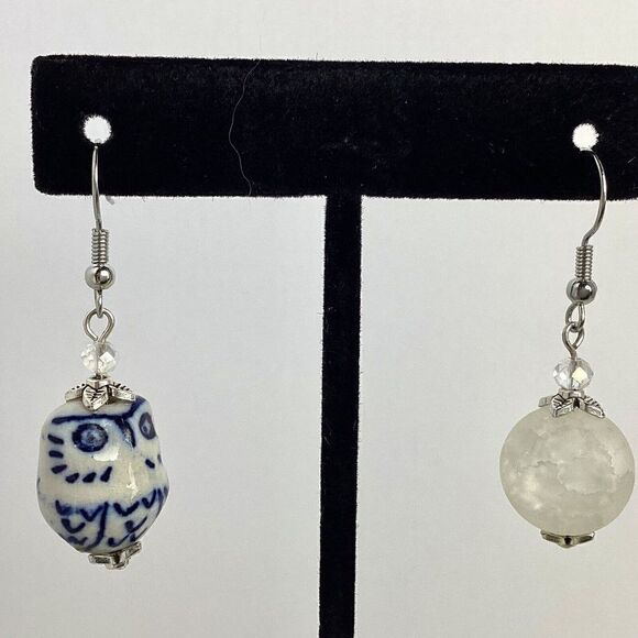 Night Owl Ceramic Bird Crackle Quartz Moon Dangle Earrings - Picture 3 of 7